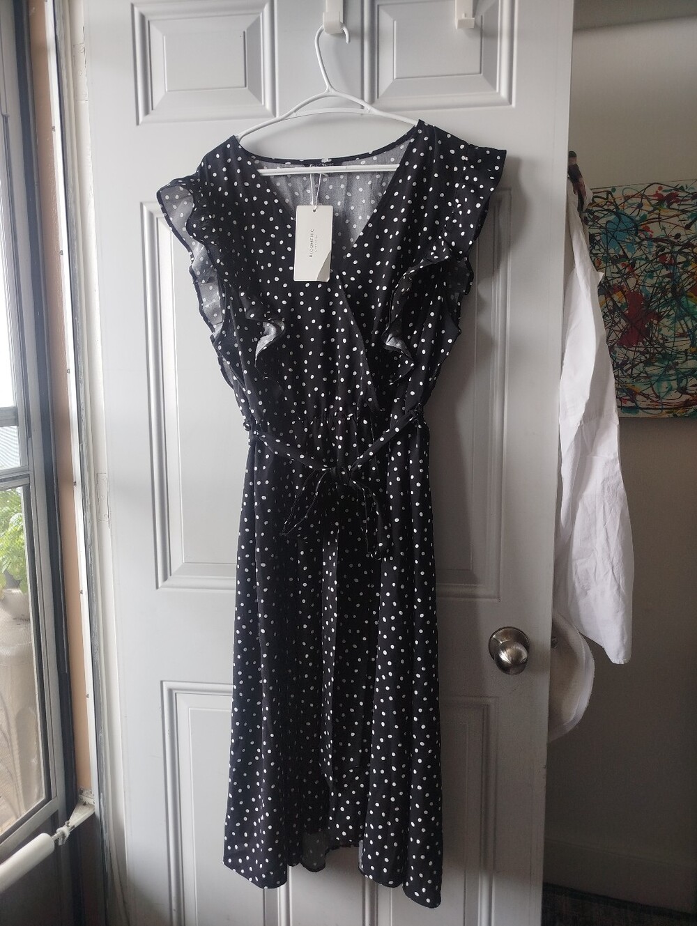 BloomChic Black and White Polka Dot Ruffle Wrap Midi Dress